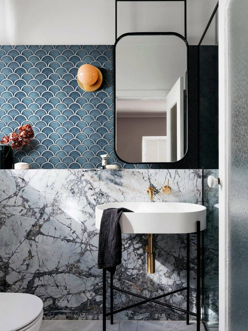 Porcelain Mosaic Fish Scale 95mm Glossy Marina Blue Porcelain Mosaic Tilemall