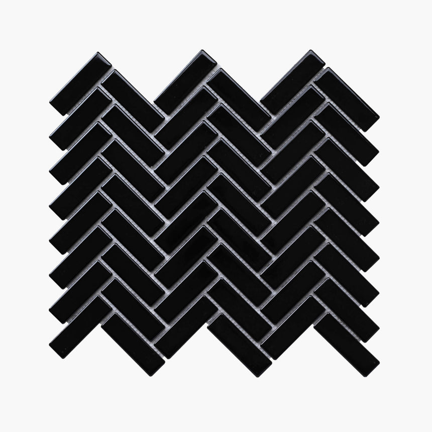 Porcelain Mosaic Herringbone 25x75 Gloss Black Porcelain Mosaic Tilemall