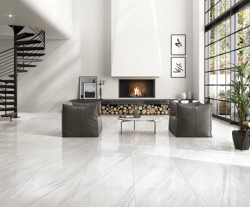 Marble Lasa White APT 1200x600 Polished Marble Look Tiles Dongpeng