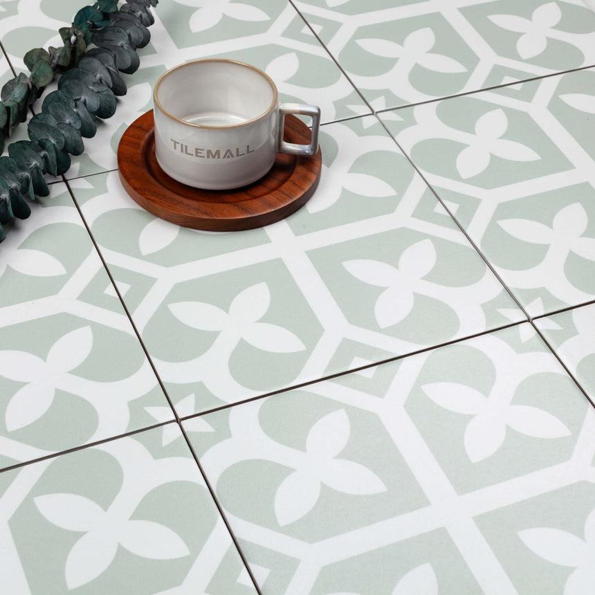 Pattern Tile 200x200 Matt Pale Green Encaustic Look Pressed
