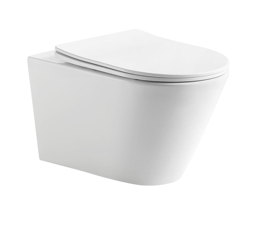 Lukka Agena Tornado 520x360x350mm rimless wall hung toilet pan in gloss white with UF Slim seat by Tilemall