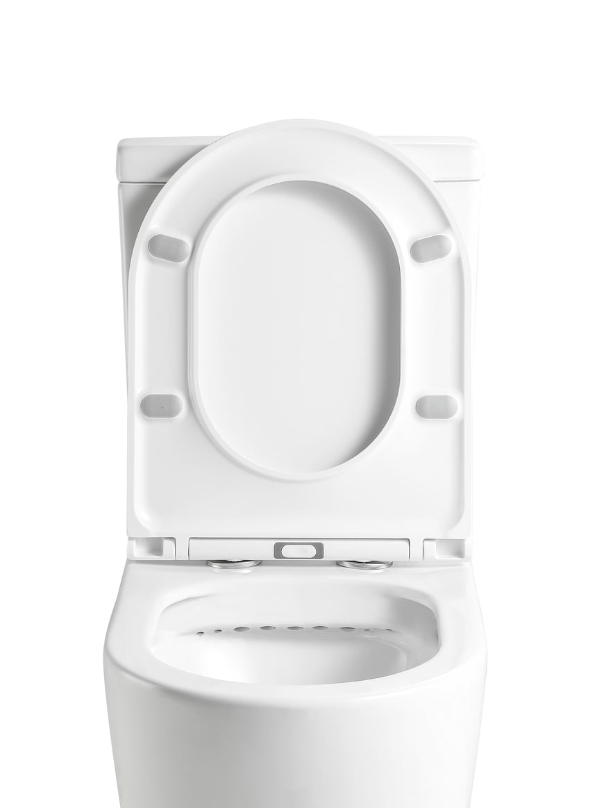 Close-up of Lukka Agena toilet seat showing soft-close hinges and oval rim design by Tilemall