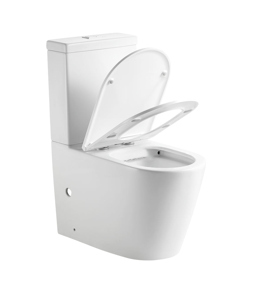 Lukka Agena white porcelain toilet suite with seat open showing rimless bowl by Tilemall