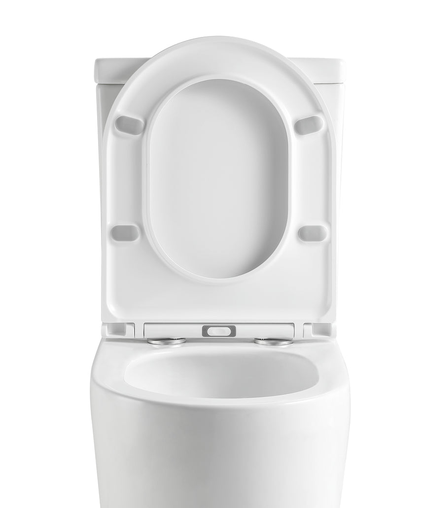 Top-down view of Lukka Procida white porcelain toilet seat showing oval rimless opening by Tilemall
