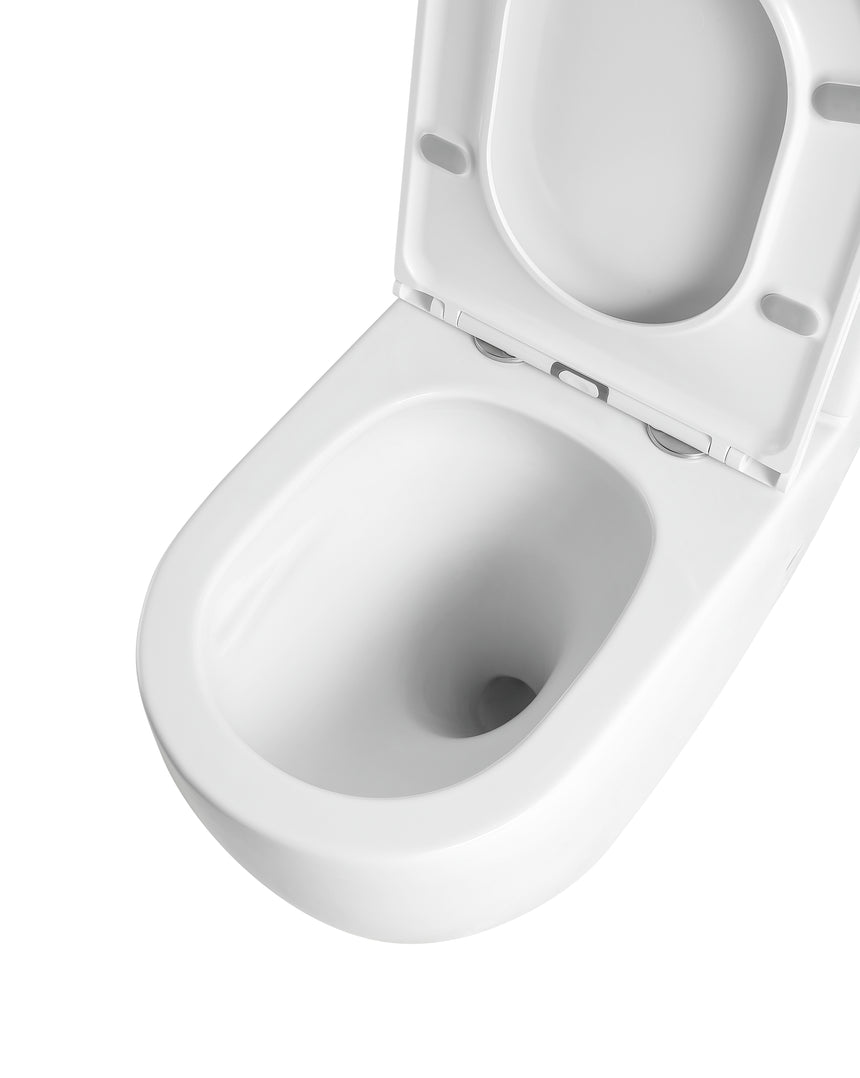 Lukka Procida rimless toilet suite angled view showing curved porcelain form and tank by Tilemall