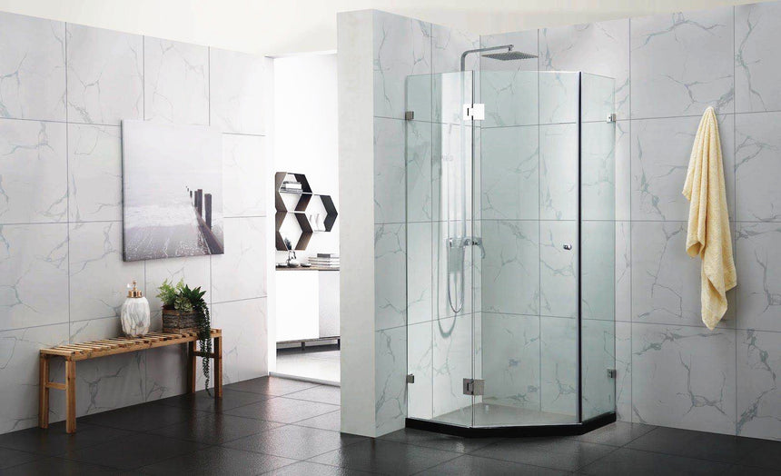 Covey CVP063 Chrome diamond shower enclosure installed in a tiled bathroom