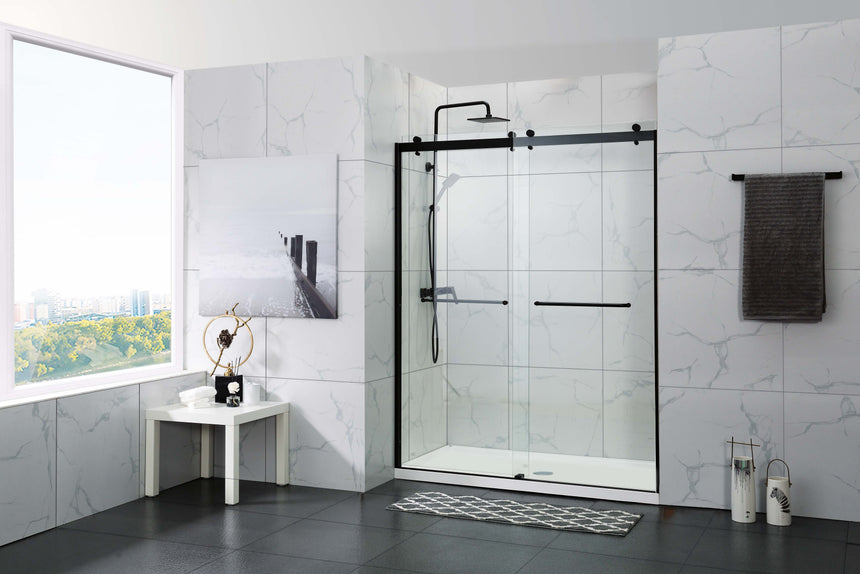 Covey DS03 Matt Black double sliding shower screen installed in a bathroom