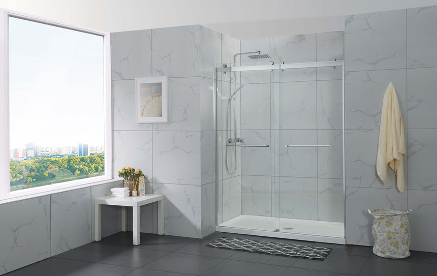 Covey DS03 Chrome double sliding shower screen installed in a bathroom