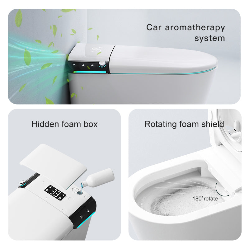 Lukka evo smart toilet features: car aromatherapy system, hidden foam box, rotating foam shield with 180-degree rotation by Tilemall
