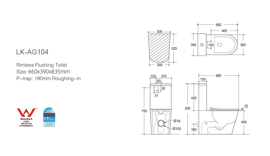 Technical dimensions diagram for Lukka Agena rimless toilet suite 660x390x835mm by Tilemall