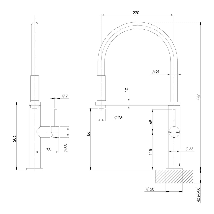 Phoenix Blix Flexible Hose Sink Mixer 220mm Round Brushed Gold, technical line drawing with dimensions