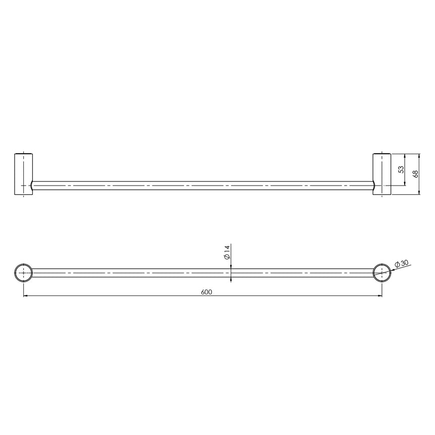 Phoenix Vivid Slimline Single Towel Rail 600mm Brushed Gold, technical line drawing with dimensions