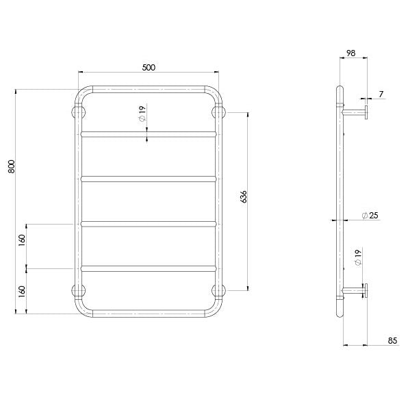 Phoenix Vivid Slimline Towel Ladder 800 x 500mm Brushed Nickel, technical line drawing with dimensions