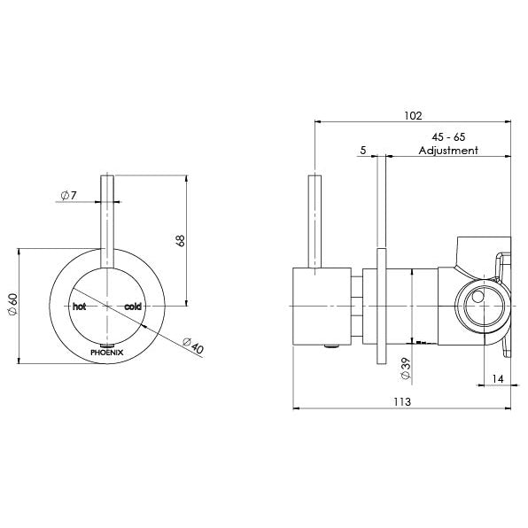 Phoenix Vivid Slimline Up shower / wall mixer technical line drawing