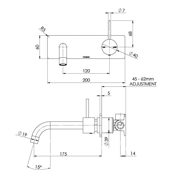 Phoenix Vivid Slimline Up basin / bath wall mixer set technical line drawing
