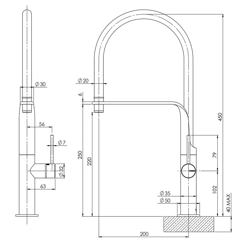 Phoenix Vido Flexible Hose Sink Mixer 200mm Chrome, technical line drawing with dimensions
