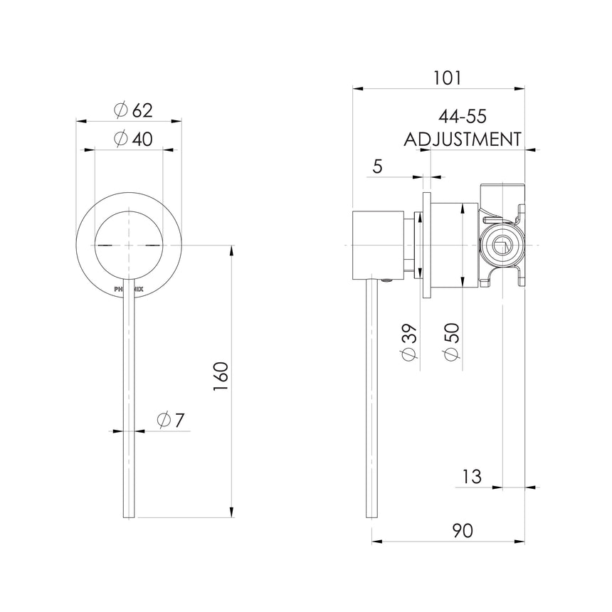 Phoenix Vivid Slimline SwitchMix Shower / Wall Mixer 60mm Backplate Fit-Off Kit Chrome, technical line drawing with dimensions