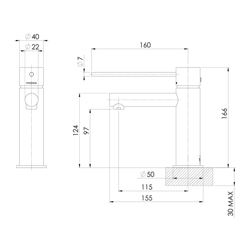 Phoenix Vivid Slimline Basin Mixer with Extended Lever Brushed Gold, technical line drawing with dimensions