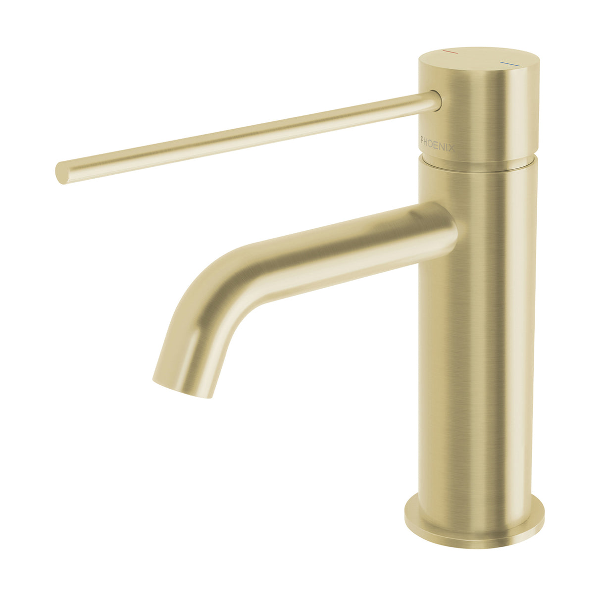 Phoenix Vivid Slimline Basin Mixer Curved Outlet with Extended Lever Brushed Gold 3D Viewer