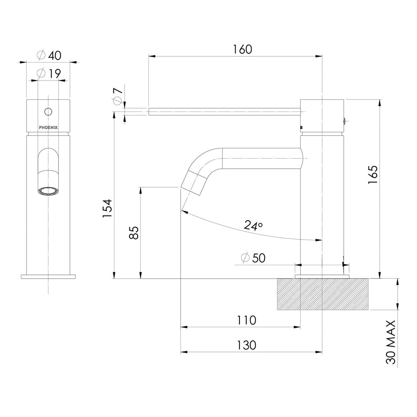 Phoenix Vivid Slimline Basin Mixer Curved Outlet with Extended Lever Brushed Carbon, technical line drawing with dimensions