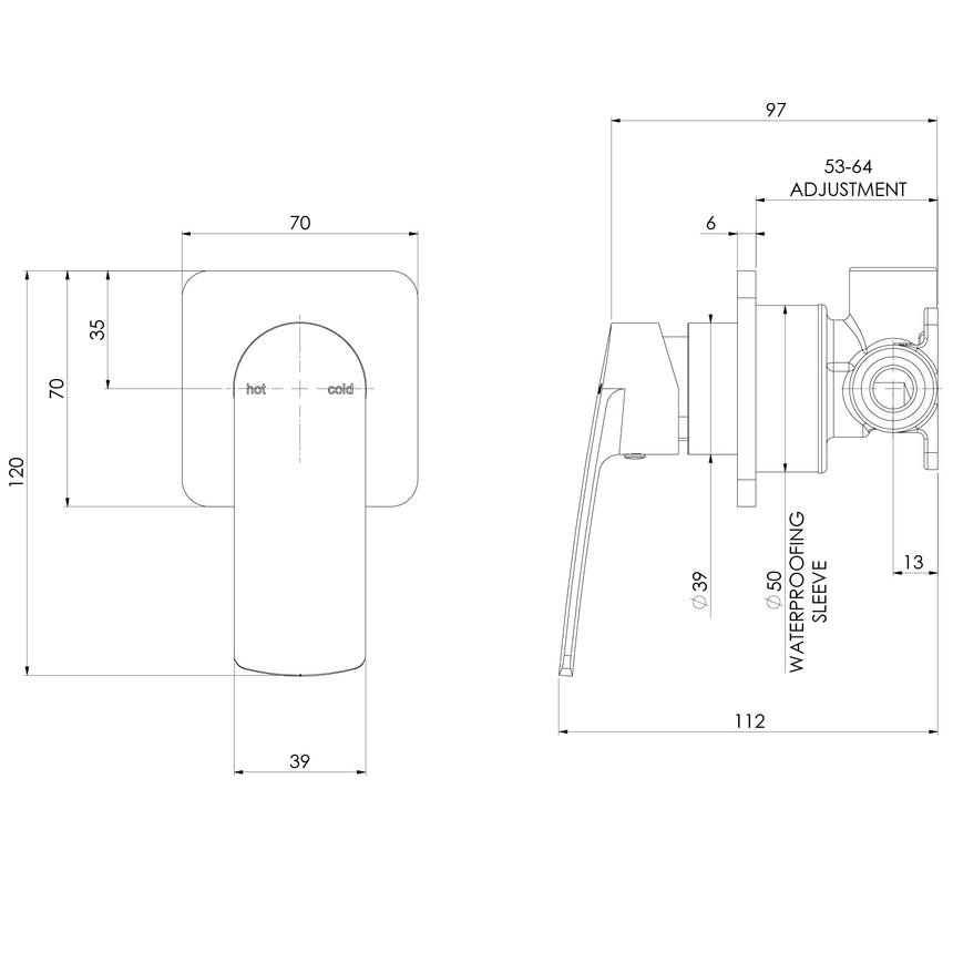 Phoenix Mekko SwitchMix Shower / Wall Mixer Fit-Off Kit Chrome, technical line drawing with dimensions