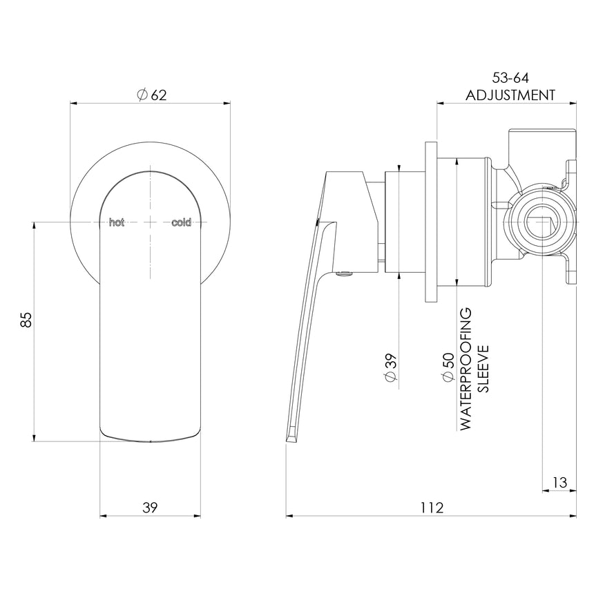 Phoenix Mekko SwitchMix Shower / Wall Mixer Round Backplate Fit-Off Kit Matte Black, technical line drawing with dimensions