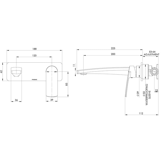 Phoenix Mekko SwitchMix Wall Basin / Bath Mixer Set 200mm Chrome, technical line drawing with dimensions
