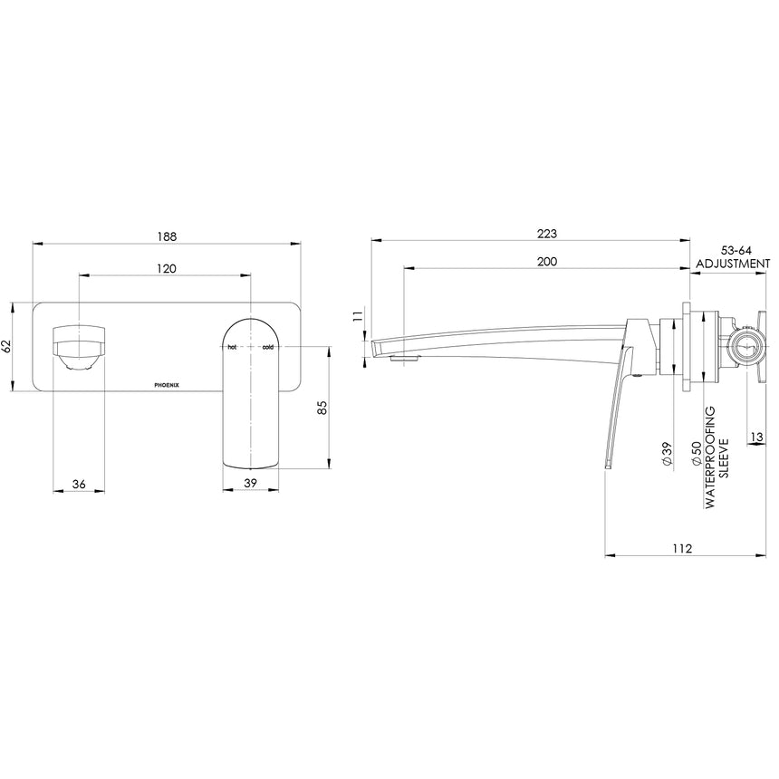 Phoenix Mekko SwitchMix Wall Basin / Bath Mixer Set 200mm Chrome, technical line drawing with dimensions