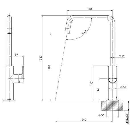 115-7300_Mekko_Sink_Mixer_190mm_Squareline_Line_Drawing