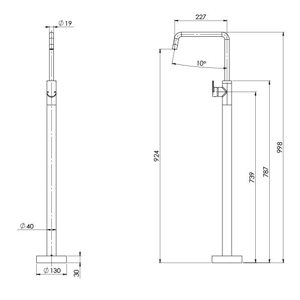 Phoenix Mekko Floor Mounted Bath Mixer Chrome, technical line drawing with dimensions