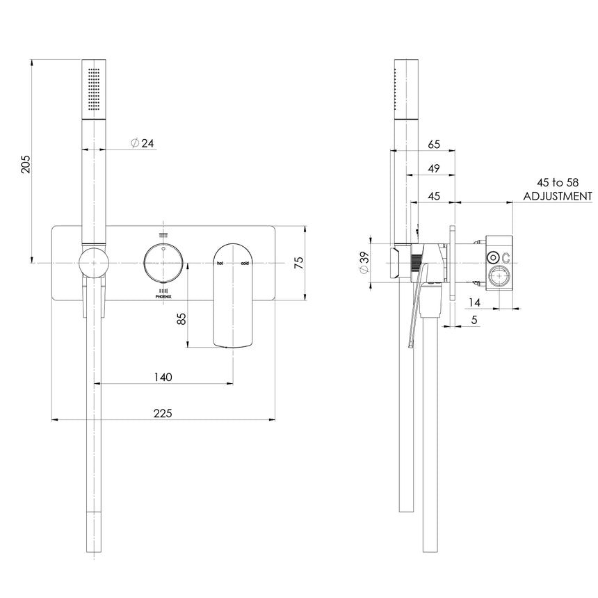 Phoenix Mekko Wall Shower System Brushed Carbon, technical line drawing with dimensions