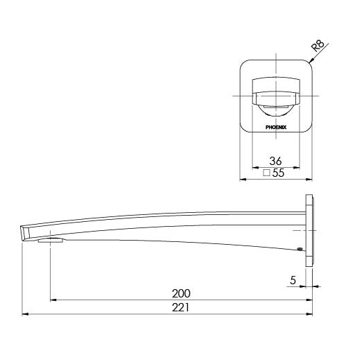 Phoenix Mekko Wall Basin Outlet 200mm Brushed Carbon, technical line drawing with dimensions