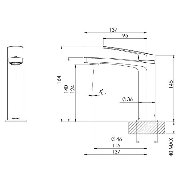 Phoenix Mekko Basin Mixer Brushed Carbon, technical line drawing with dimensions