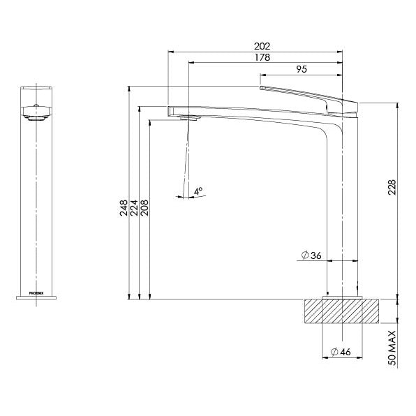 Phoenix Mekko Vessel Mixer Brushed Carbon, technical line drawing with dimensions