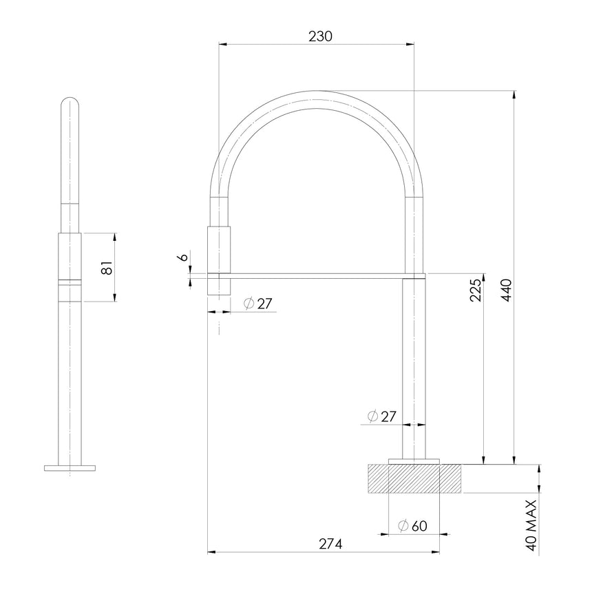 Phoenix Axia Flexible Hose Hob Sink Outlet 230mm Matte Black, technical line drawing with dimensions