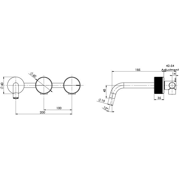 Phoenix Axia Wall Basin / Bath Curved Outlet Hostess Set 180mm Chrome, technical line drawing with dimensions