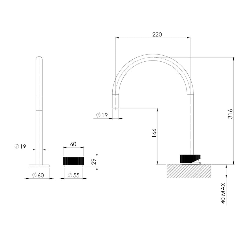 Phoenix Axia Hob Sink Mixer Set 220mm Gooseneck Brushed Nickel, technical line drawing with dimensions