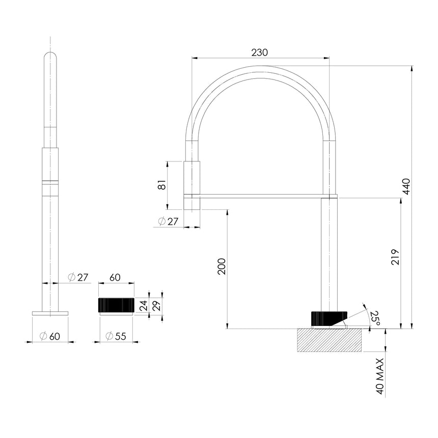 Phoenix Axia Flexible Hose Hob Sink Mixer Set 230mm Chrome, technical line drawing with dimensions