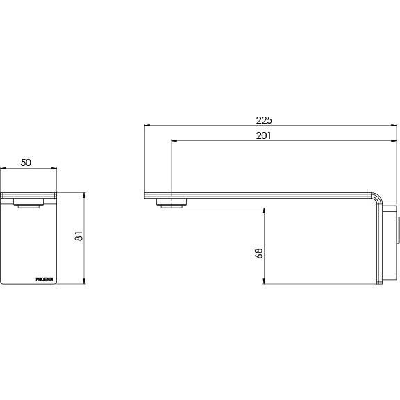 Phoenix Axia Wall Basin / Bath Outlet 200mm Chrome, technical line drawing with dimensions