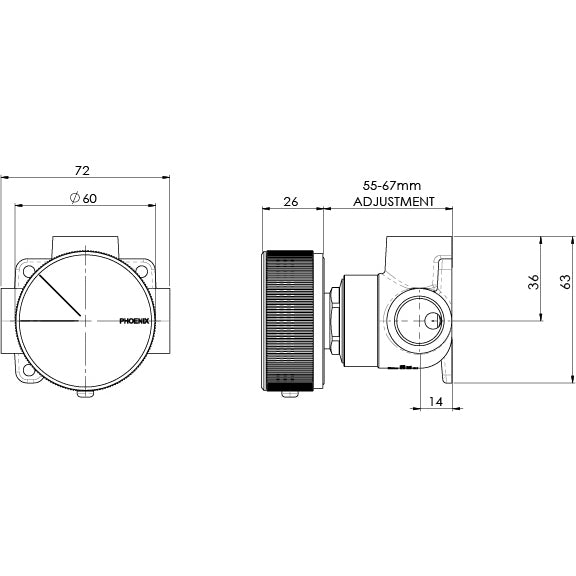 Phoenix Axia Shower / Wall Mixer Matte Black, technical line drawing with dimensions