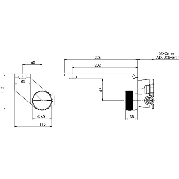 Phoenix Axia Wall Basin / Bath Mixer Set 200mm Chrome, technical line drawing with dimensions