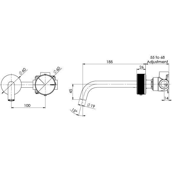 Phoenix Axia Wall Basin / Bath Curved Outlet Mixer Set 180mm Brushed Nickel, technical line drawing with dimensions