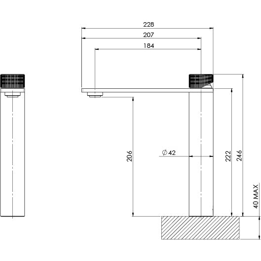 Phoenix Axia Vessel Mixer Chrome, technical line drawing with dimensions