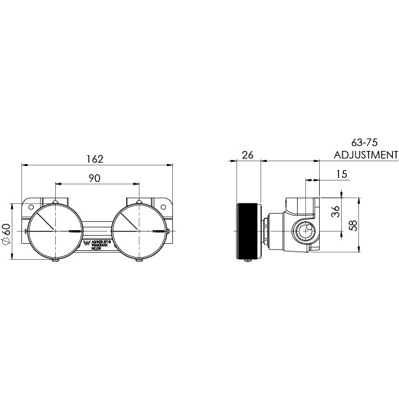Phoenix Axia Twin Shower Mixer / Wall Mixer Chrome, technical line drawing with dimensions