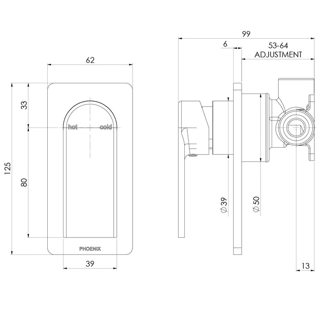 Technical installation dimensions for Phoenix Teel brushed nickel wall mixer showing escutcheon and valve body measurements by Tilemall