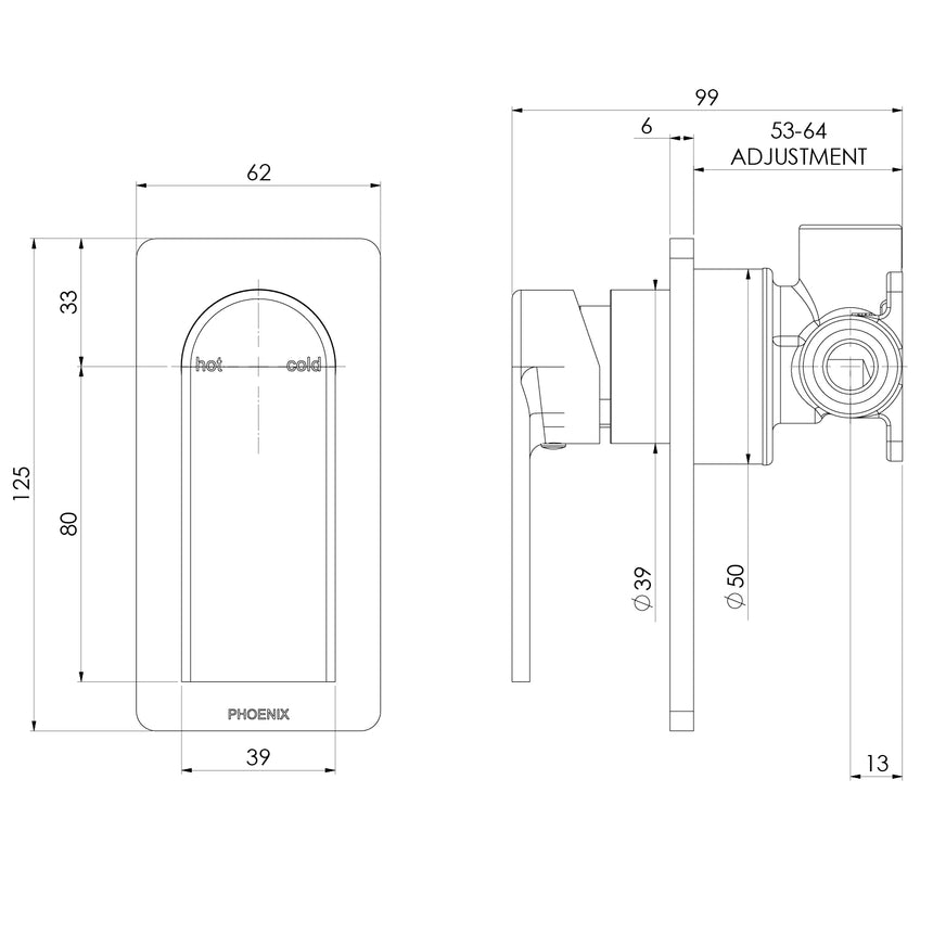 Phoenix Teel SwitchMix Shower / Wall Mixer Fit-Off Kit Brushed Nickel, technical line drawing with dimensions