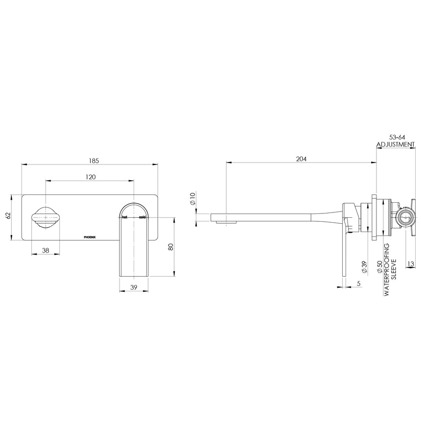 Phoenix Teel SwitchMix Wall Basin / Bath Mixer Set 200mm Brushed Nickel, technical line drawing with dimensions