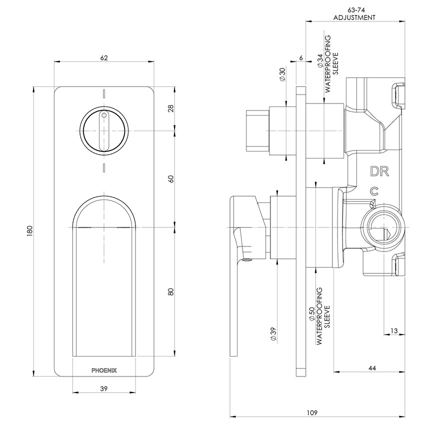 Phoenix Teel SwitchMix Shower / Bath Diverter Mixer Brushed Carbon, technical line drawing with dimensions