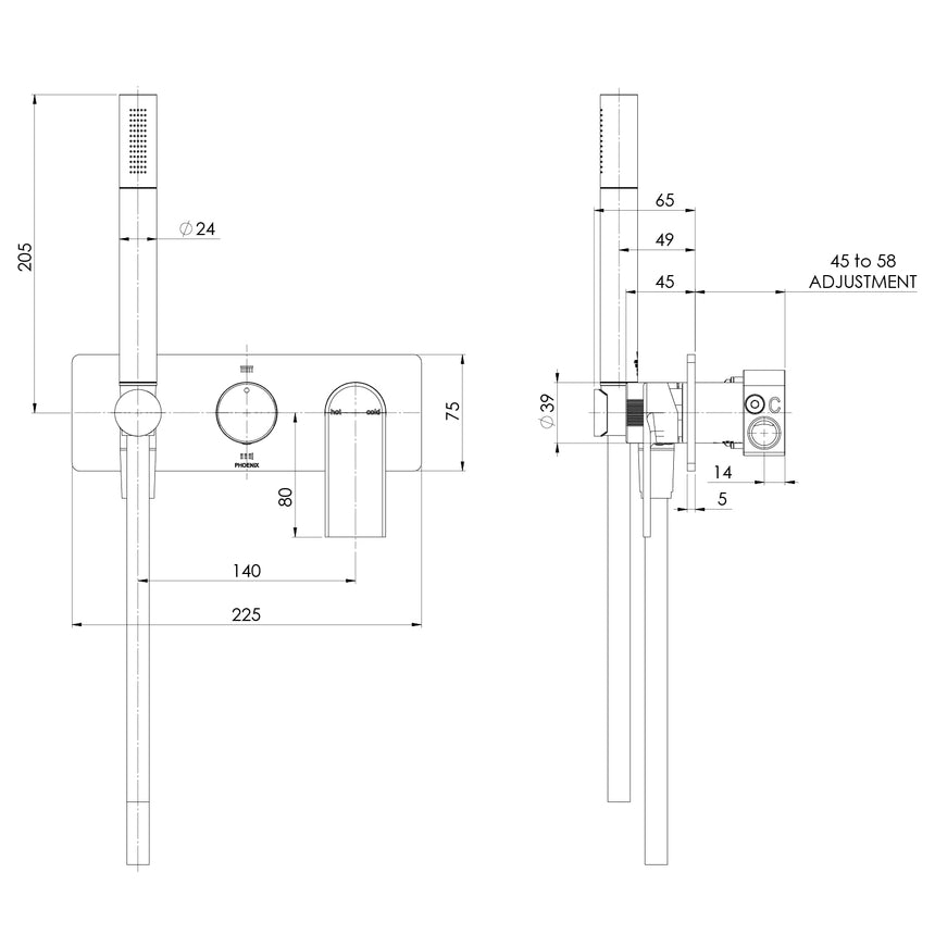 Phoenix Teel Wall Shower System Brushed Carbon, technical line drawing with dimensions