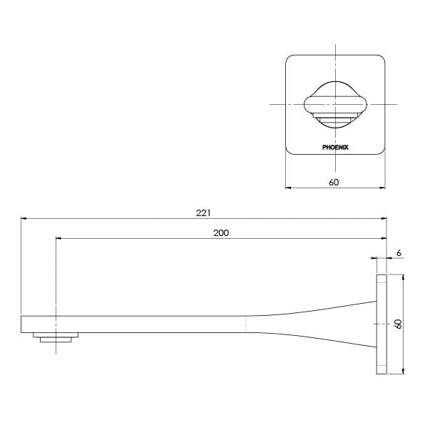 Phoenix Teel Wall Bath Outlet 200mm Brushed Carbon, technical line drawing with dimensions